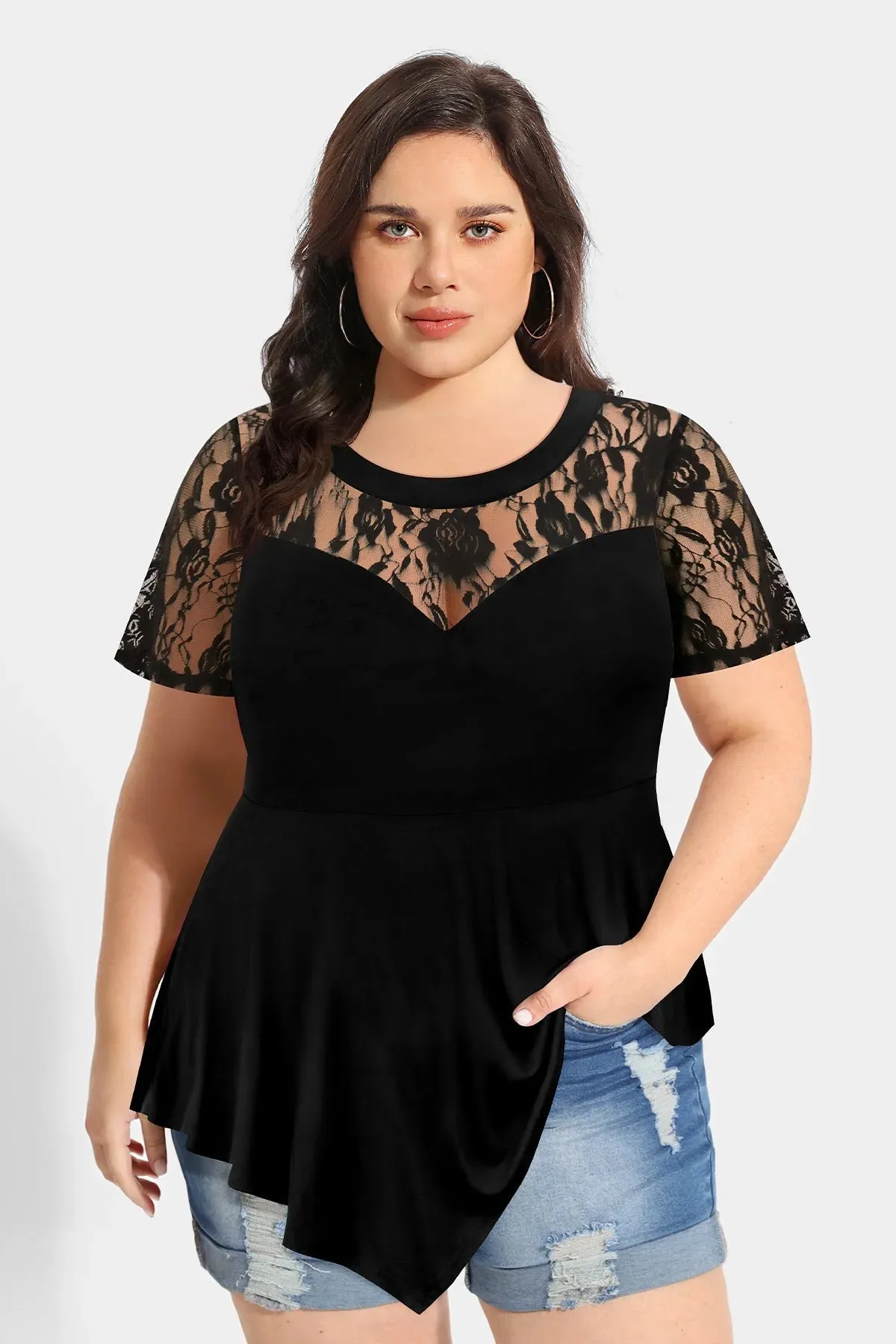 Supersoft Sexy Lace Detail Asymmetrical Hem T-Shirt