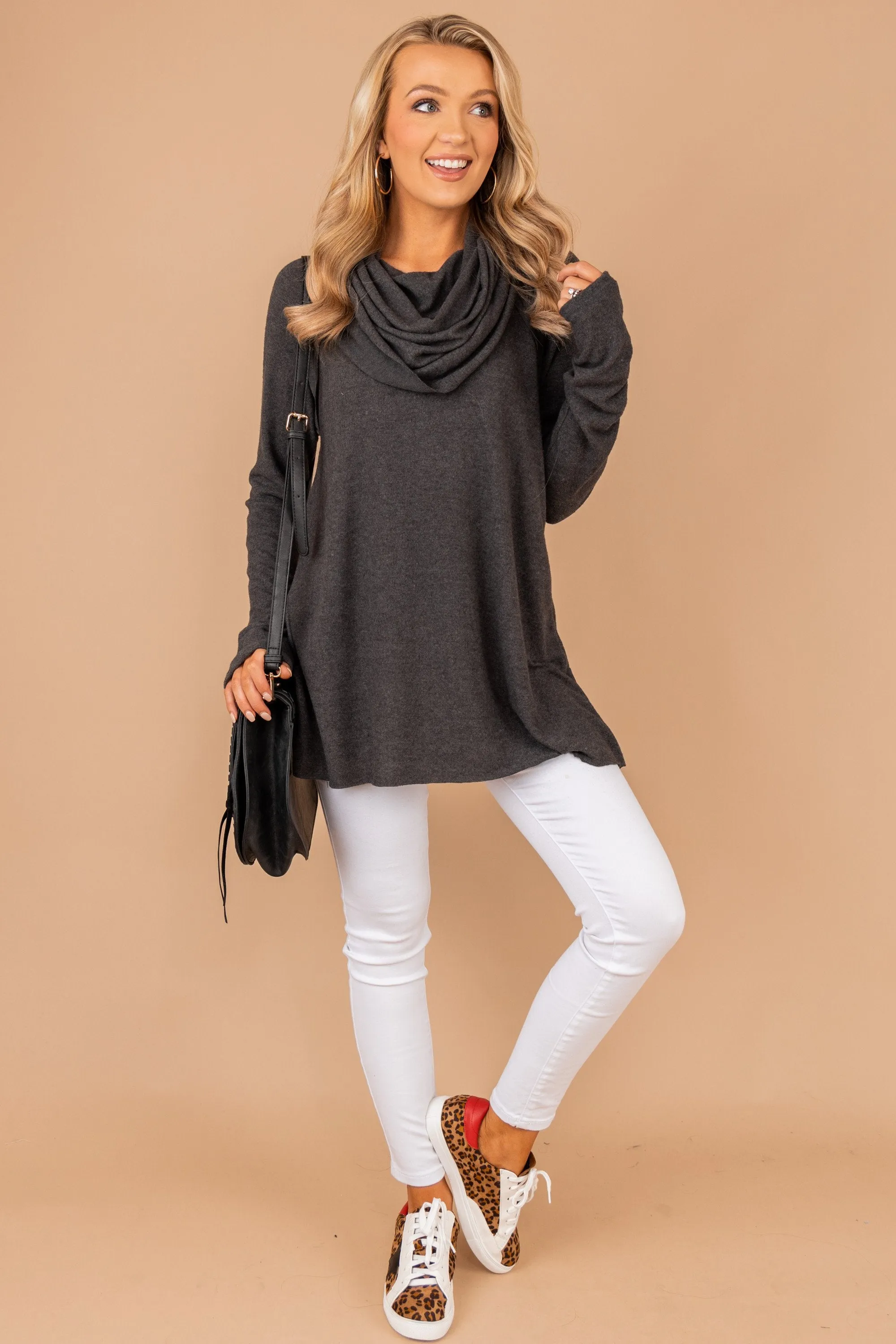 The One You Want Charcoal Gray Cowl Neck Sweater