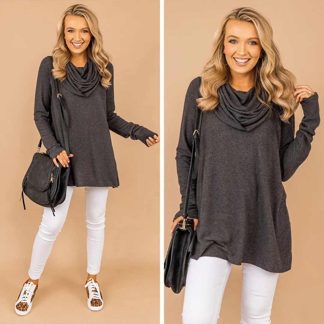 The One You Want Charcoal Gray Cowl Neck Sweater