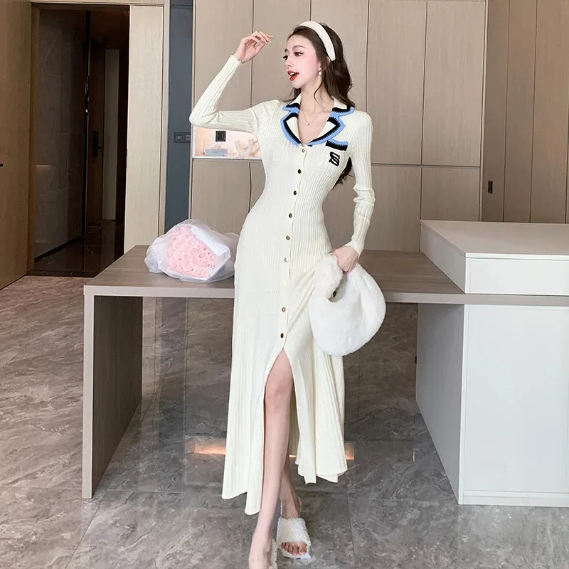 Toleet-Cute Sweet Polo Collar Knitted Dresses for Women New Fashion Autumn Winter Thickening Knit Sweater Slim Ladies Long Dress