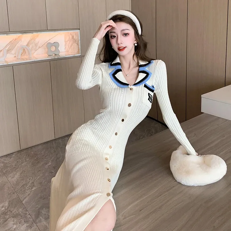 Toleet-Cute Sweet Polo Collar Knitted Dresses for Women New Fashion Autumn Winter Thickening Knit Sweater Slim Ladies Long Dress