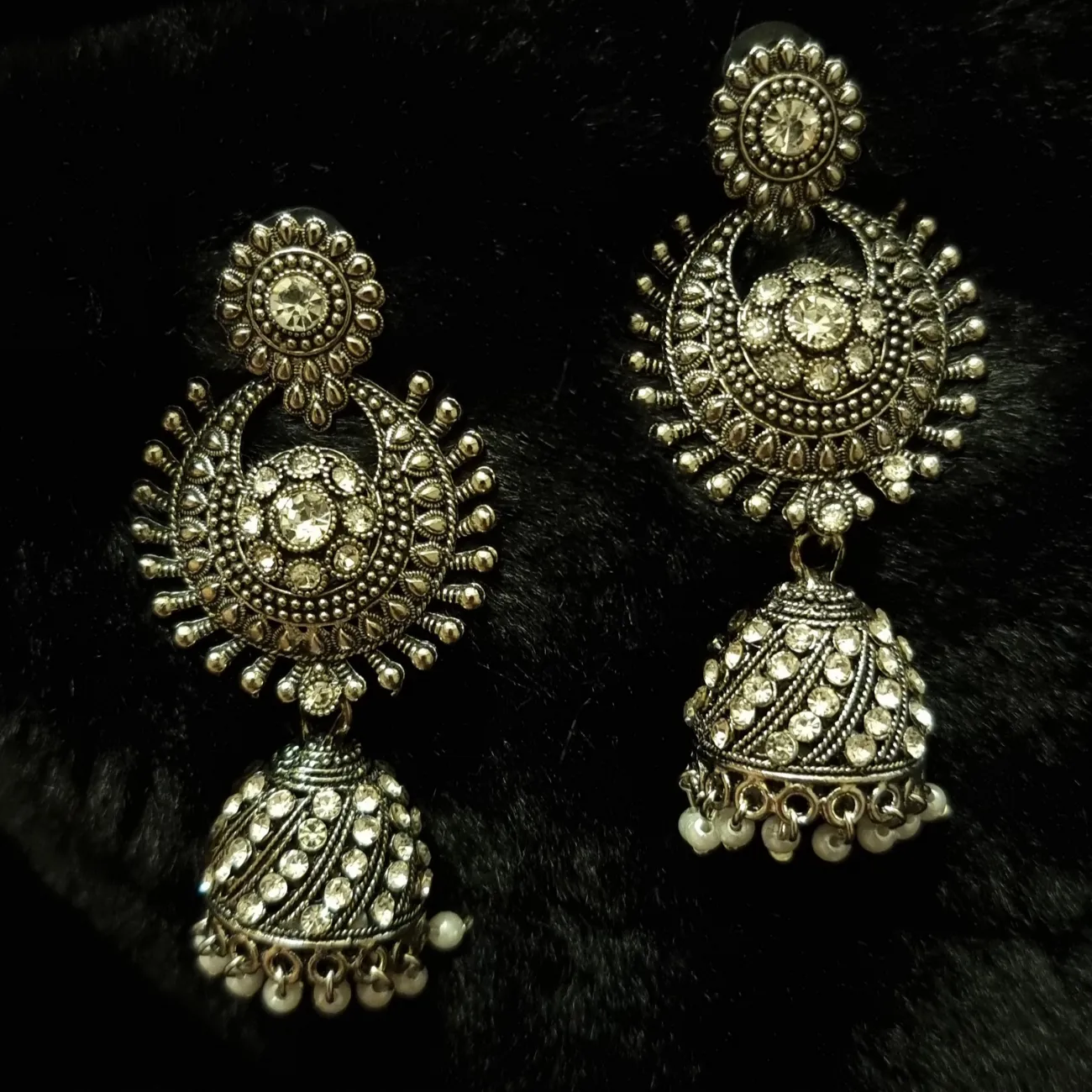 Traditional long oxidized jhumka style earrings