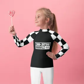 Trendy Tots: Girls' Checkered Long Sleeve Rash Guard - Noir Jiu-Jitsu