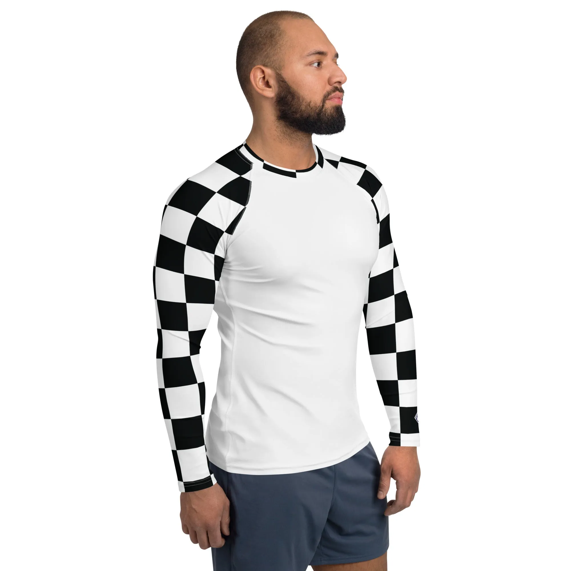 Trendy Training Attire: Men's Checkered BJJ Rash Guard - Blanc