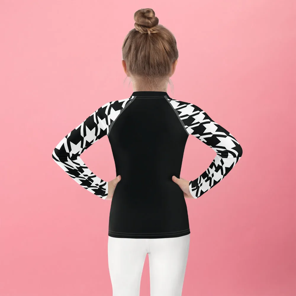 Trendy Training Gear: Houndstooth Long Sleeve Rash Guard for Girls