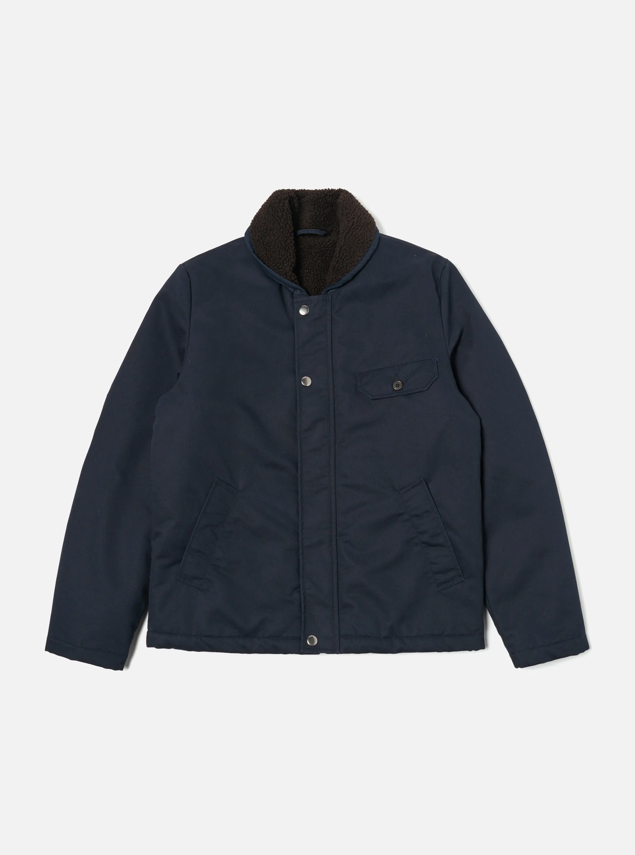 Universal Works Reversible N1 Jacket in Navy/Brown Brushed Polytech/Sherpa