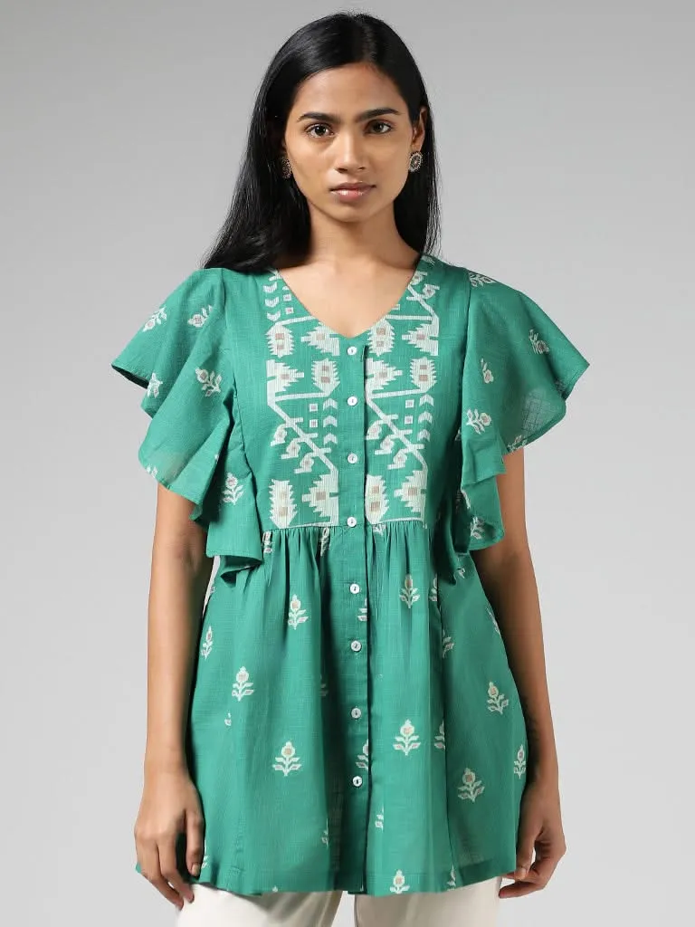 Utsa Aqua Green Printed Ruffled Cap Sleeves Cotton Tunic