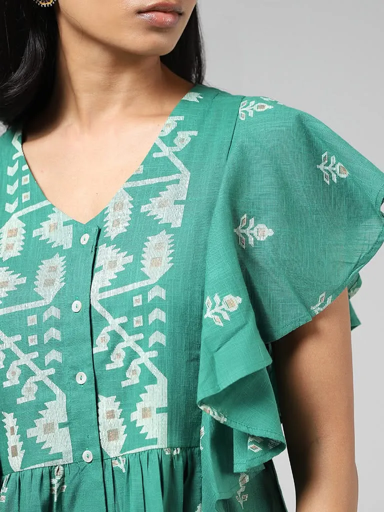 Utsa Aqua Green Printed Ruffled Cap Sleeves Cotton Tunic