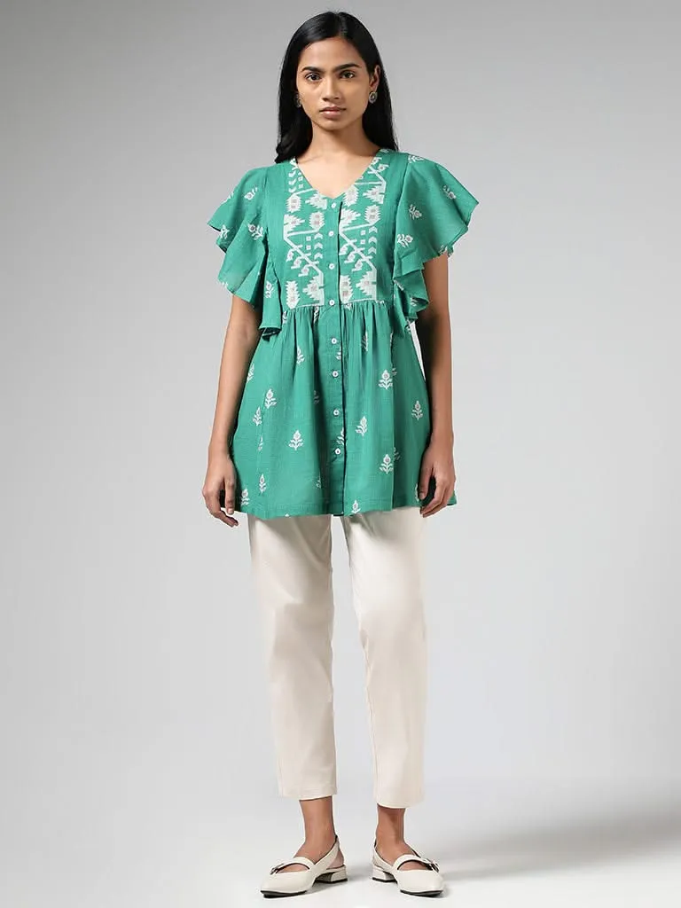 Utsa Aqua Green Printed Ruffled Cap Sleeves Cotton Tunic