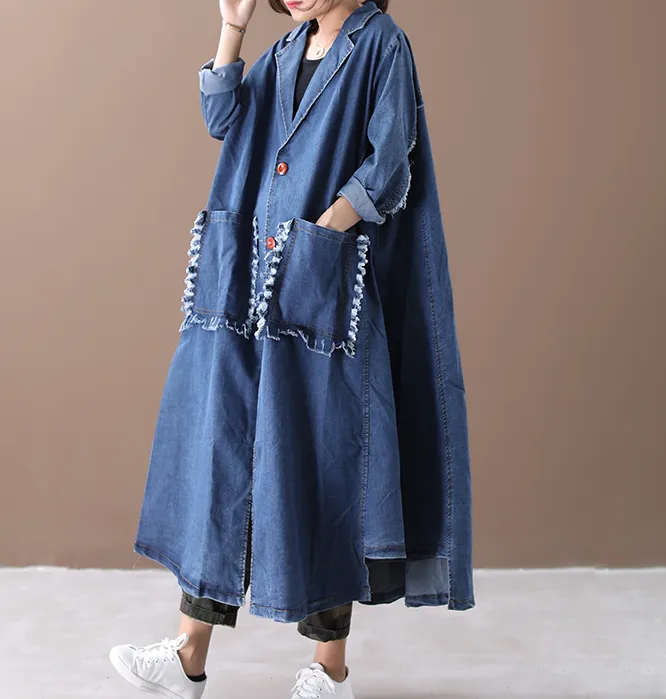 Washed Denim Loose Casual Coat A line Parka Plus Size Coat Jacket