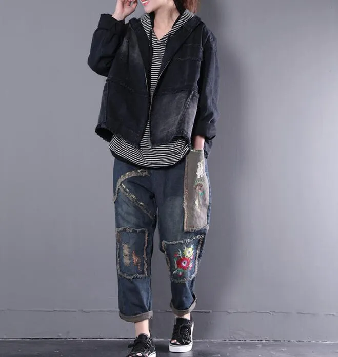 Washed Denim Women Spring Casual Coat Loose Hooded Parka Plus Size Short Coat Jacket