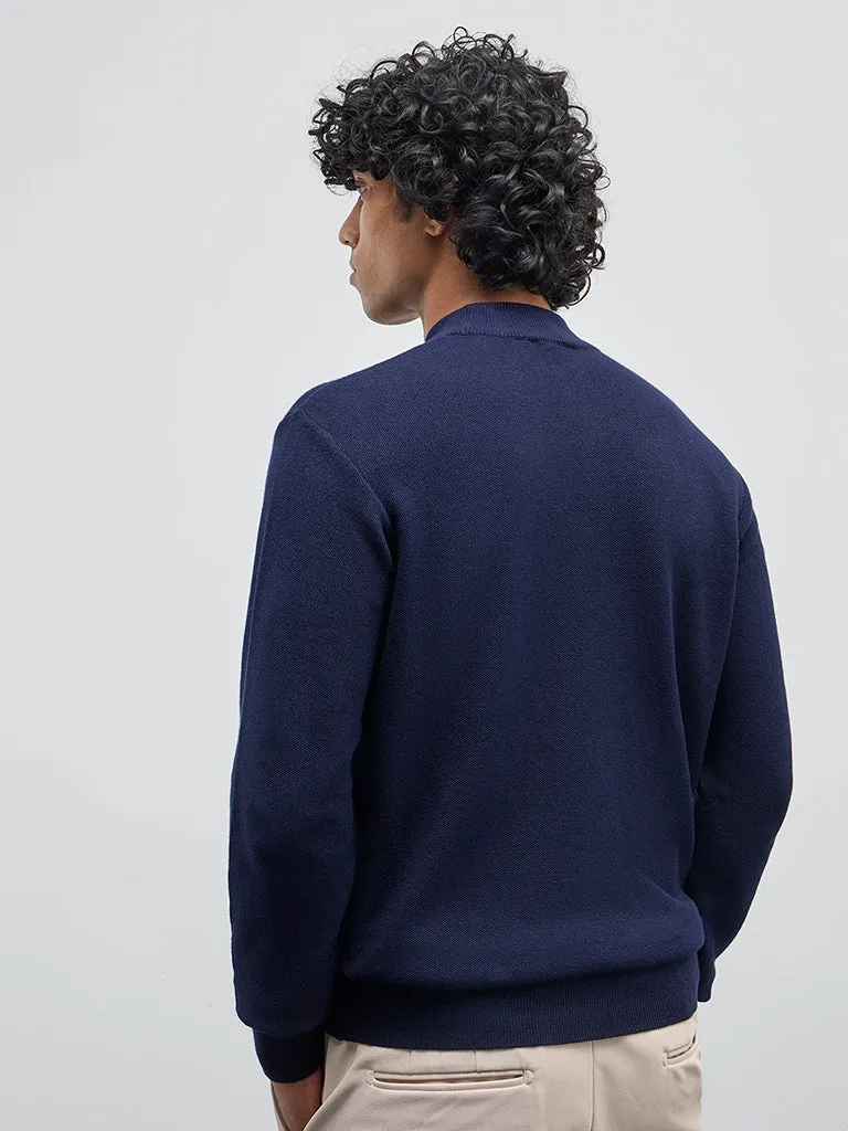 WES Formals Navy Solid Slim-Fit Sweater