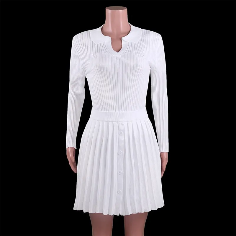 Wjczt Women Knitted Skirts Two Pieces Set Elegant Polo Neck Sweater and High Waist Pleated Skirt Suit Korean Elegant Spring Outfits