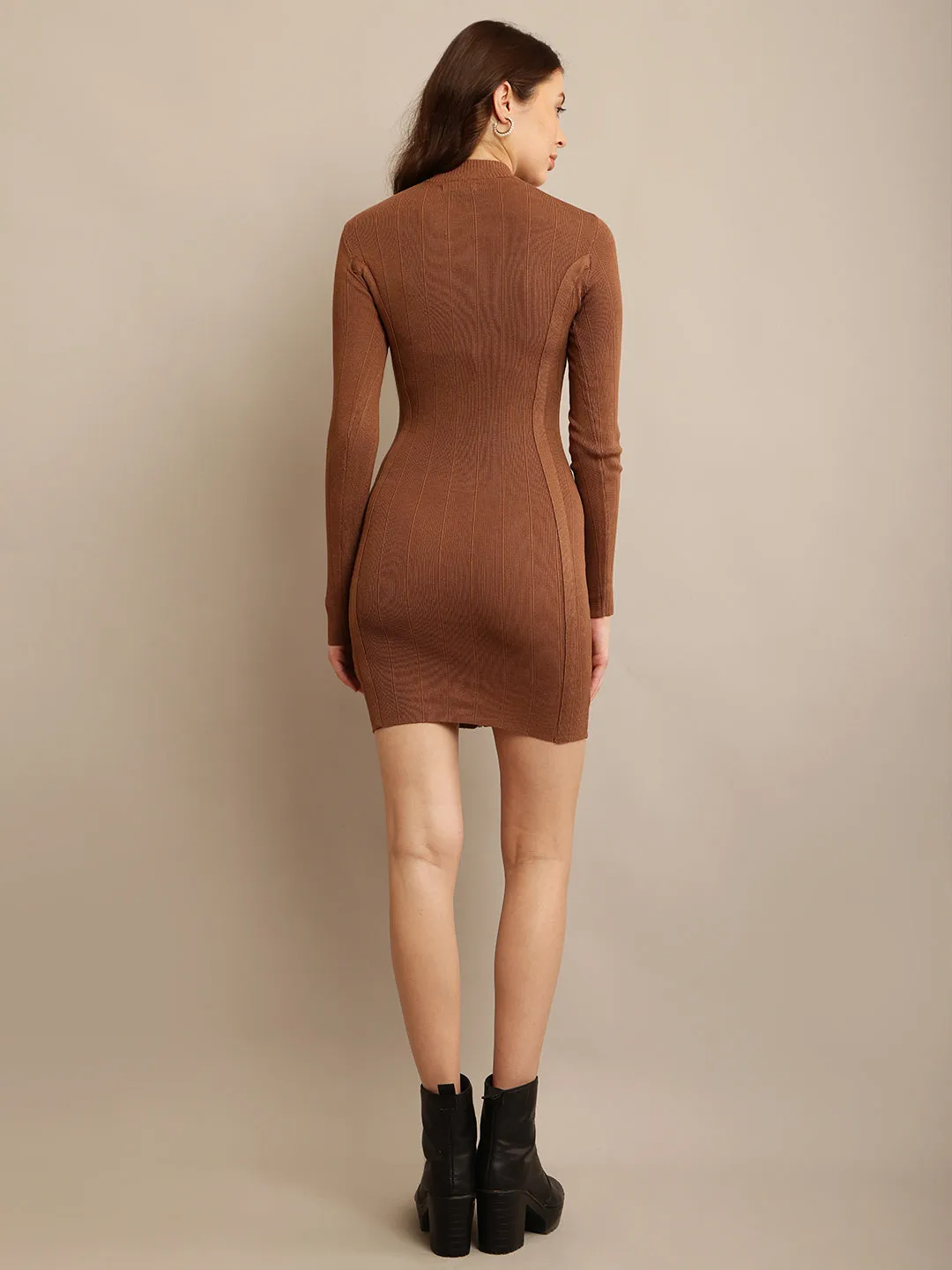 Women Brown Long Sleeve Bodycon Dress