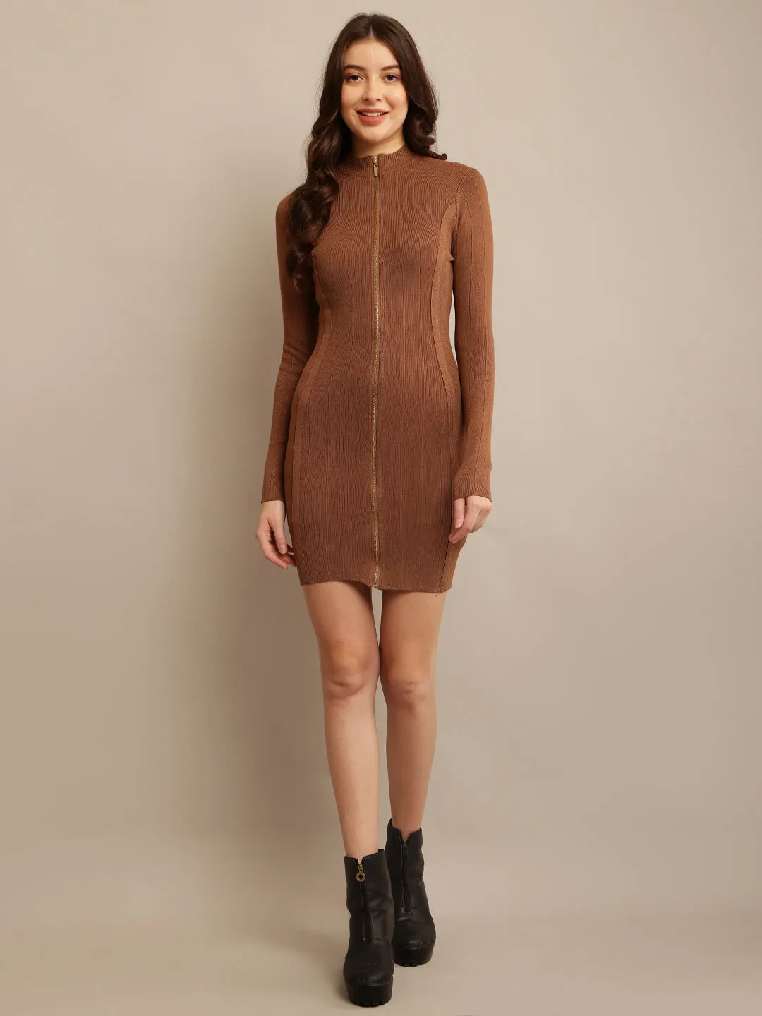 Women Brown Long Sleeve Bodycon Dress