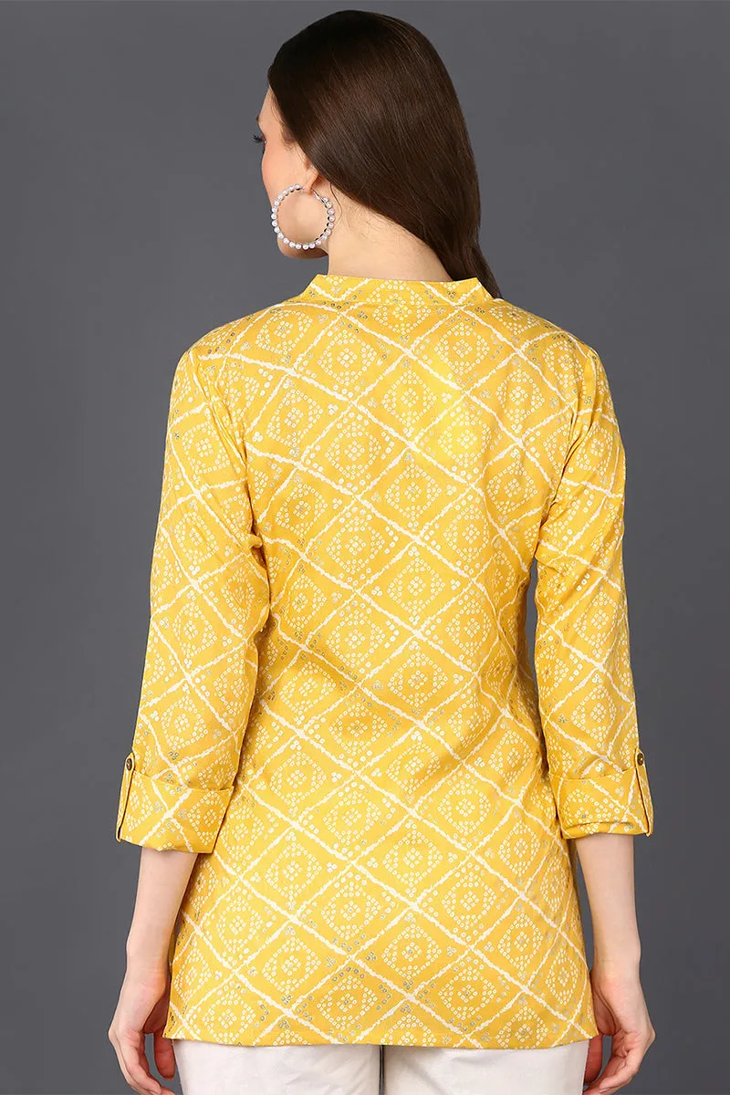 Yellow Cotton Blend Bandhani Printed Straight Tunic