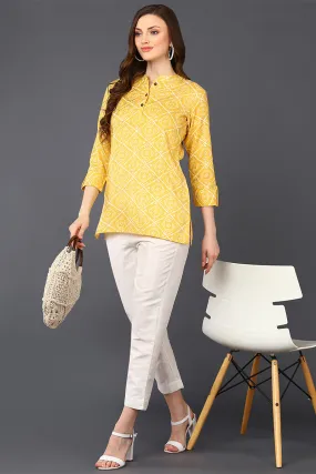 Yellow Cotton Blend Bandhani Printed Straight Tunic