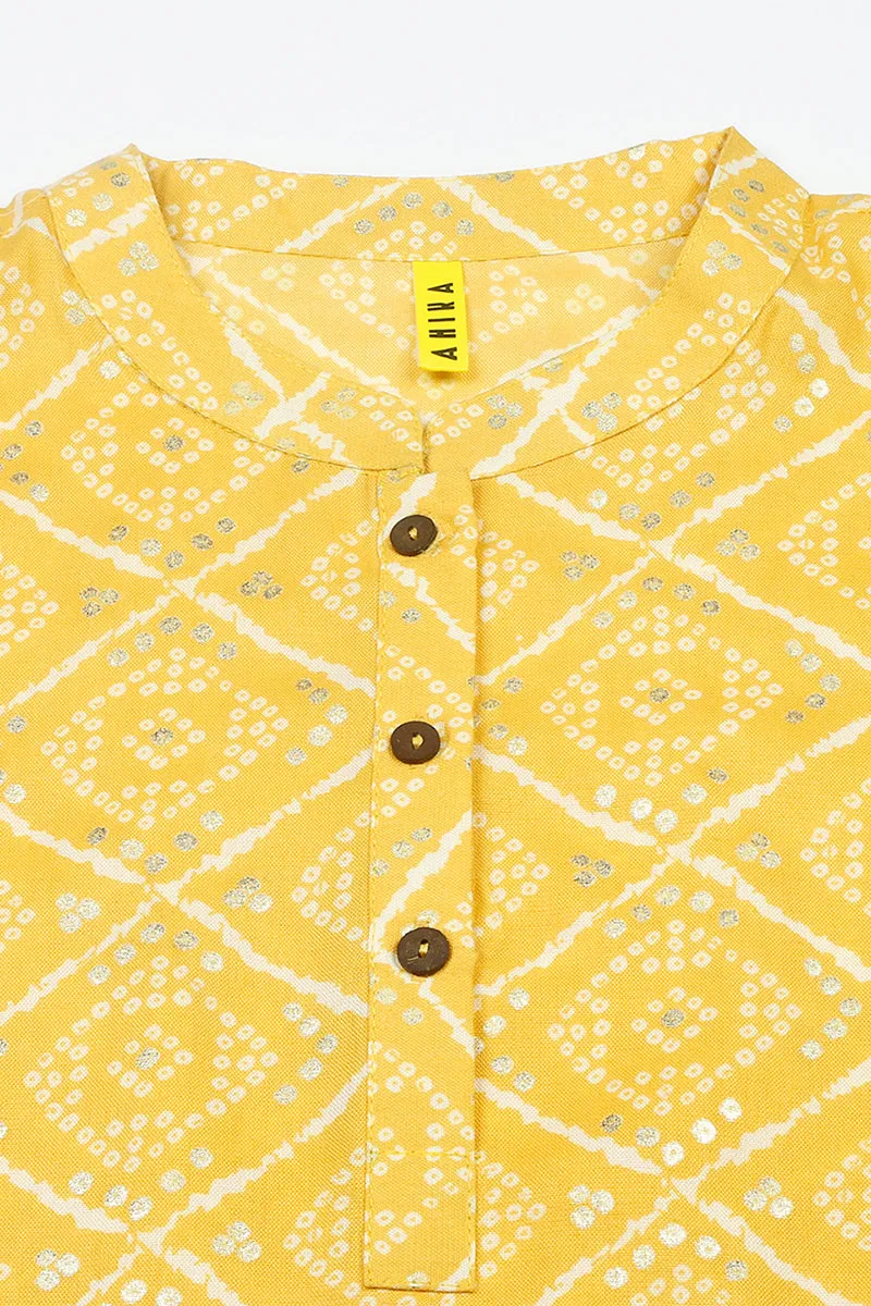 Yellow Cotton Blend Bandhani Printed Straight Tunic