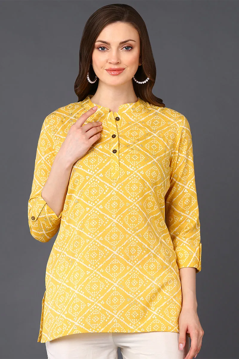 Yellow Cotton Blend Bandhani Printed Straight Tunic