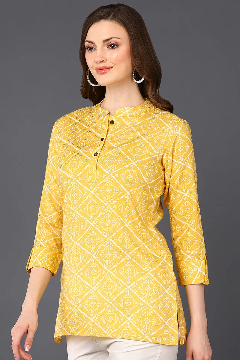 Yellow Cotton Blend Bandhani Printed Straight Tunic