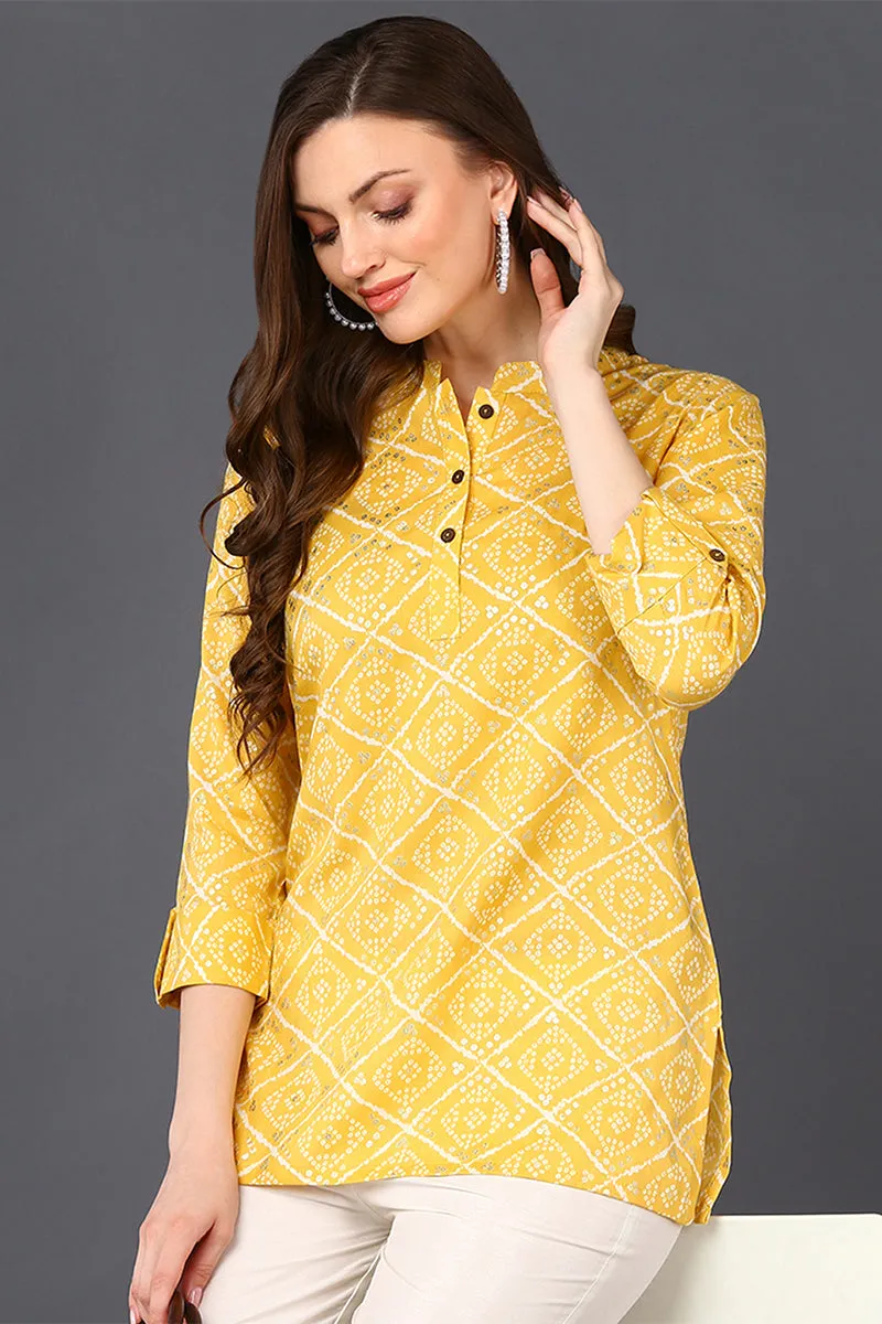 Yellow Cotton Blend Bandhani Printed Straight Tunic