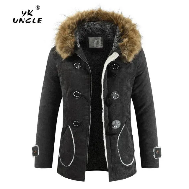 YK UNCLE Winter Fleece Military Jackets Men Faux Fur Hooded Windproof Outwear Parka Men Horns Buckle Thick Windbreaker Overcoat